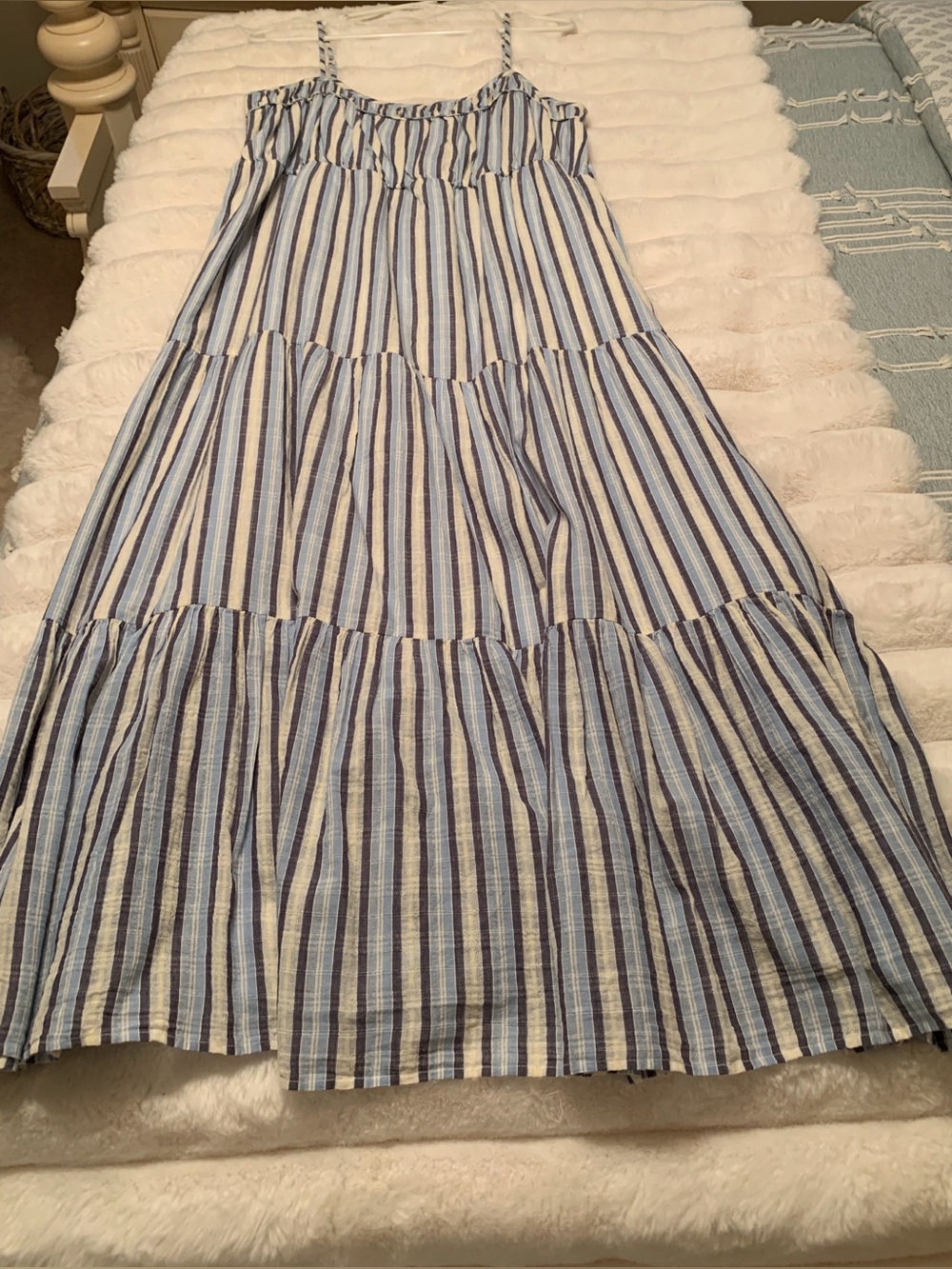 aerie Blue, Navy and White Striped Cotton Maxi Dress/lined
